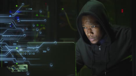 Animation-of-data-processing-over-african-american-male-hacker-with-computer-and-computer-servers