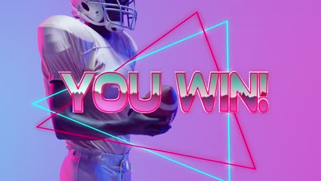 Animation-Von-„Sie-Gewinnen“-Text-über-American-Football-Spieler-Und-Neondreiecken