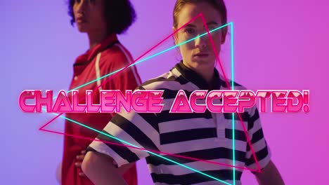 Animation-Des-Textes-„Challenge-Accepted“-über-Weiblichen-Rugbyspielern-Auf-Neonhintergrund