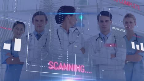 Animation-of-data-processing-over-diverse-doctors-and-health-workers-standing-together-at-hospital