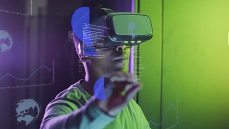 Animation-of-data-processing,-african-american-male-it-engineer-in-vr-goggles-and-computer-servers