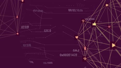 Animation-Von-Verbindungen-Mit-Symbolen-Und-Finanzdatenverarbeitung-Auf-Violettem-Hintergrund
