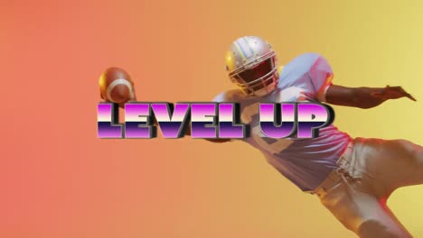 Animation-of-level-up-text-over-american-football-player-and-neon-background