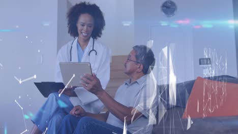 Animation-of-connections-over-diverse-doctor-and-patient-using-tablet