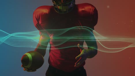 Animation-of-light-trail-lines-over-american-football-player-on-neon-background