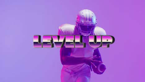Animation-of-level-up-text-over-american-football-player-on-neon-background