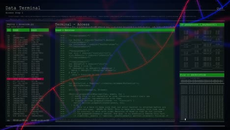 Animation-Eines-Computerbildschirms-Mit-Beweglichen-Programmiersprachen-Und-Rotierender-DNA-Helix