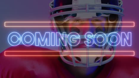 Animation-of-coming-soon-text-and-neon-shapes-over-american-football-player-on-neon-background