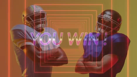 Animation-Von-„Sie-Gewinnen“-Text-über-American-Football-Spieler-Und-Neonquadrate