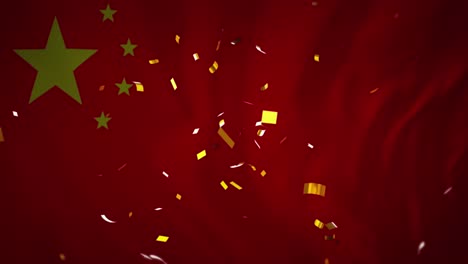 Animation-Von-Konfetti,-Das-über-Die-Flagge-Chinas-Fällt