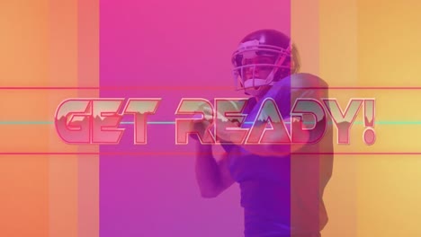 Animation-of-get-ready-text-and-neon-shapes-over-american-football-player-on-neon-background