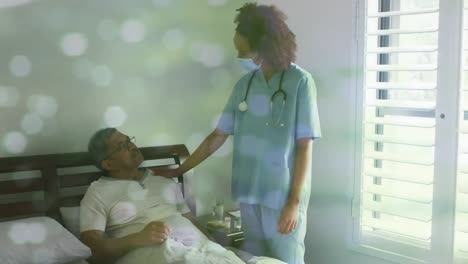 Animation-of-bokeh-over-diverse-doctor-and-patient-talking-and-holding-hand