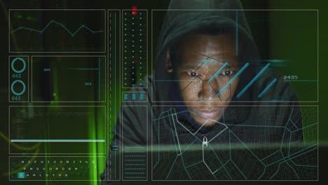 Animation-of-data-processing-over-african-american-male-hacker-with-computer-and-computer-servers