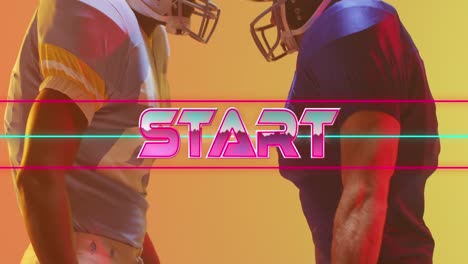Animation-Von-Starttext-Und-Neonformen-über-American-Football-Spielern-Auf-Neonhintergrund