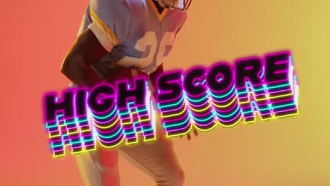 Animation-Von-Highscore-Text-über-American-Football-Spieler-Auf-Neonhintergrund