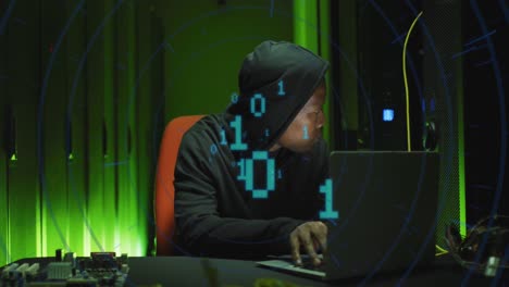 Animation-of-binary-coding-over-african-american-male-hacker-with-computer-and-computer-servers