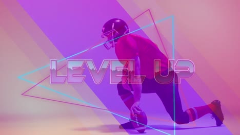 Animation-of-level-up-text-and-neon-shapes-over-american-football-player-on-neon-background