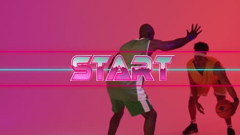 Animation-of-start-text-and-neon-lines-over-basketball-players-on-neon-background