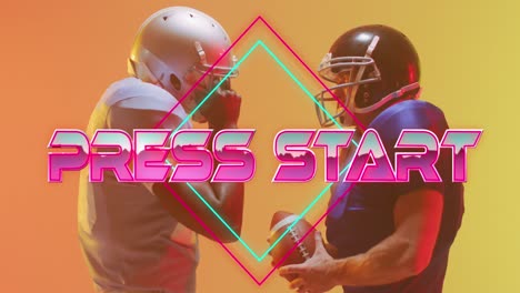 Animation-of-press-start-text-over-american-football-players-and-neon-diamonds