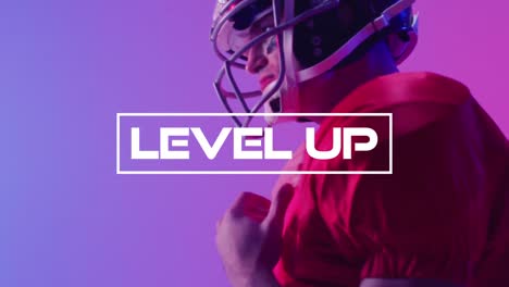 Animation-of-level-up-text-over-american-football-player-and-neon-backgound