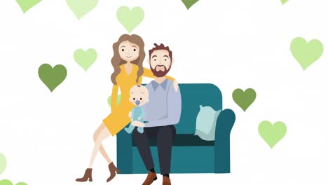 Animation-of-green-heart-shapes-moving-over-couple-with-baby-sitting-on-sofa-on-white-background