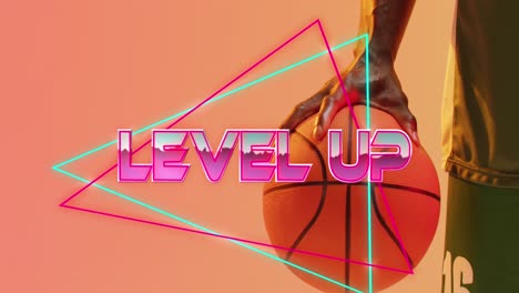 Animation-of-level-up-text-and-neon-lines-over-basketball-player-on-neon-background
