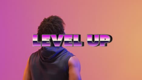 Animation-Von-Level-Up-Text-über-Basketballspieler-Auf-Neonfarbenem-Hintergrund