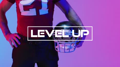 Animation-of-level-up-text-over-american-football-player-and-neon-background