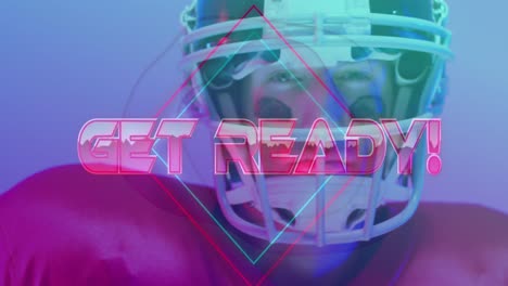 Animation-of-get-ready-text-and-neon-shapes-over-american-football-player-on-neon-background