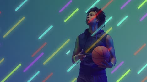 Animation-of-multiple-light-trails-over-basketball-player-on-neon-background