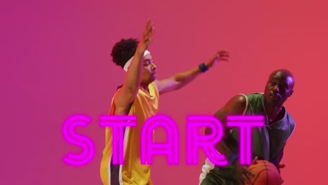 Animation-of-start-text-over-basketball-players-on-neon-background