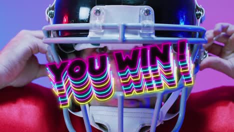 Animation-of-you-win-text-over-american-football-player-on-neon-background