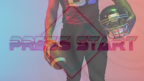 Animation-of-press-start-text-over-american-football-player-and-neon-diamonds