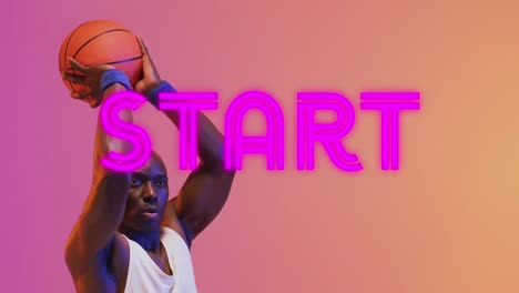 Animation-Des-Starttextes-über-Basketballspieler-Auf-Neonfarbenem-Hintergrund