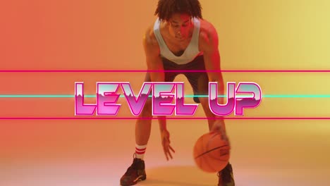 Animation-Von-Level-Up-Text-Und-Neonlinien-über-Basketballspieler-Auf-Neonhintergrund