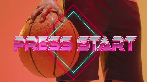 Animation-of-press-start-text-and-neon-lines-over-basketball-player-on-neon-background