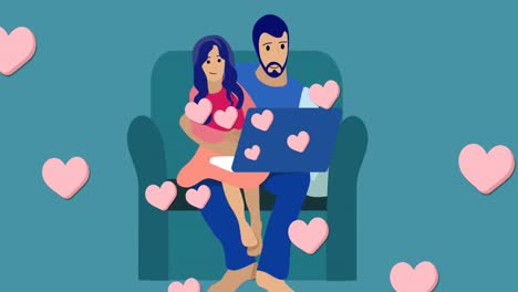 Animation-of-heart-shapes-moving-over-couple-with-laptop-sitting-on-sofa-against-blue-background