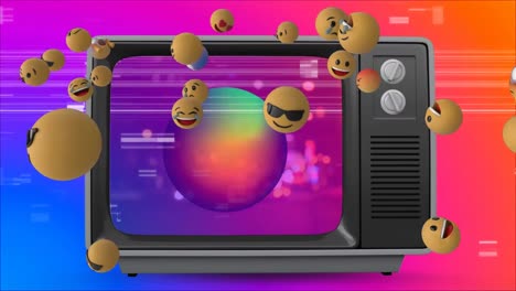 Animation-of-glitch-effect-over-face-emojis-over-crt-tv-against-colorful-gradient-background