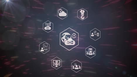 Animation-of-multiple-icons-in-hexagons-moving-against-illuminated-blurred-lights
