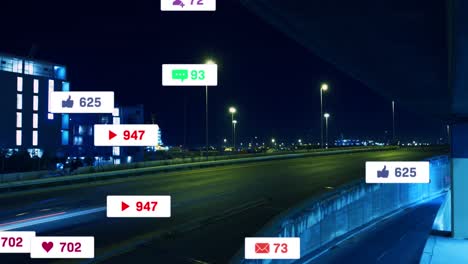 Animation-of-social-media-icons-with-numbers-over-time-lapse-of-vehicles-moving-on-road-at-night