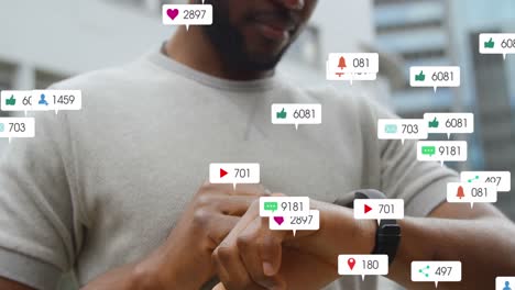 Animation-of-social-media-icons-with-numbers-over-african-american-man-using-smartwatch