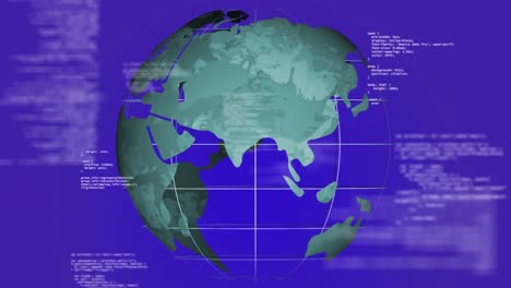 Animation-Der-Datenverarbeitung-über-Einem-Sich-Drehenden-Globus-Symbol-Vor-Blauem-Hintergrund