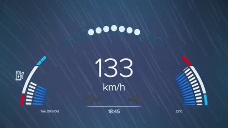 Digital-animation-of-speedometer-over-light-trails-falling-against-blue-background