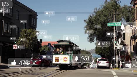 Animation-of-notification-icons-with-counters-over-vehicles-moving-on-street-in-city