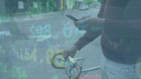 Animation-of-stock-market-data-processing-against-mid-section-of-a-man-with-bicycle-using-smartphone