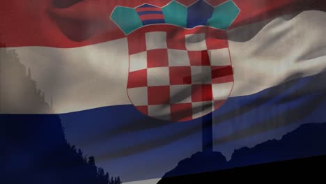 Animación-De-Ondear-La-Bandera-De-Croacia-Contra-La-Silueta-De-La-Crucifixión-Cruzada-En-Una-Montaña