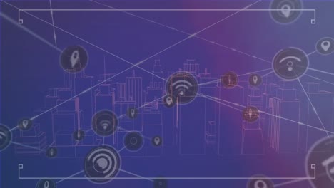 Animation-of-network-of-digital-icons-over-3d-city-model-spinning-against-purple-background