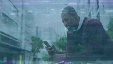 Animation-of-stock-market-data-processing-against-african-american-man-using-smartphone-on-street