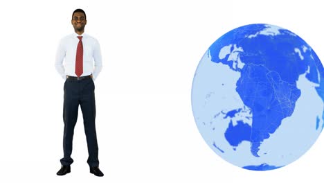 Animation-Einer-Sich-Drehenden-Globus-Ikone-Und-Eines-Afroamerikanischen-Geschäftsmannes-Vor-Weißem-Hintergrund