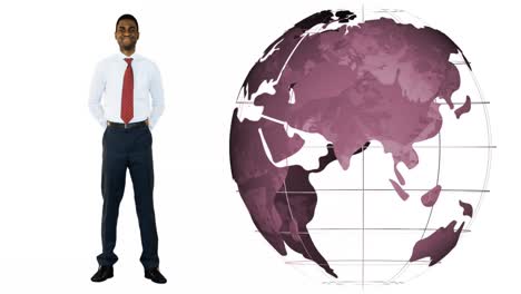 Animation-Einer-Sich-Drehenden-Globus-Ikone-Und-Eines-Afroamerikanischen-Geschäftsmannes-Vor-Weißem-Hintergrund